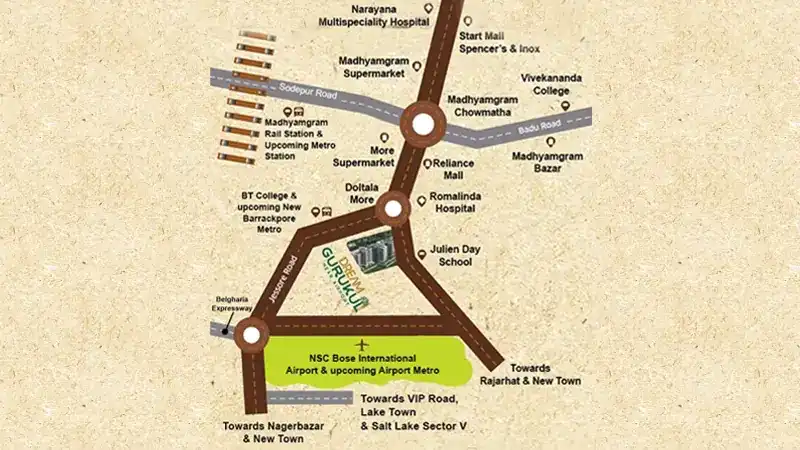 Dream Gurukul location map near Doltala More, Jessore Road, close to Kolkata Airport and Julien Day School