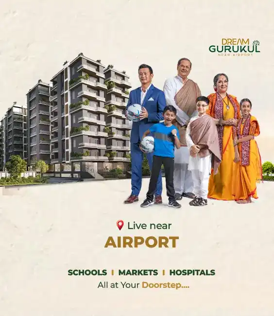 Family with children in front of Dream Gurukul towers near Kolkata Airport – schools, markets and hospitals nearby