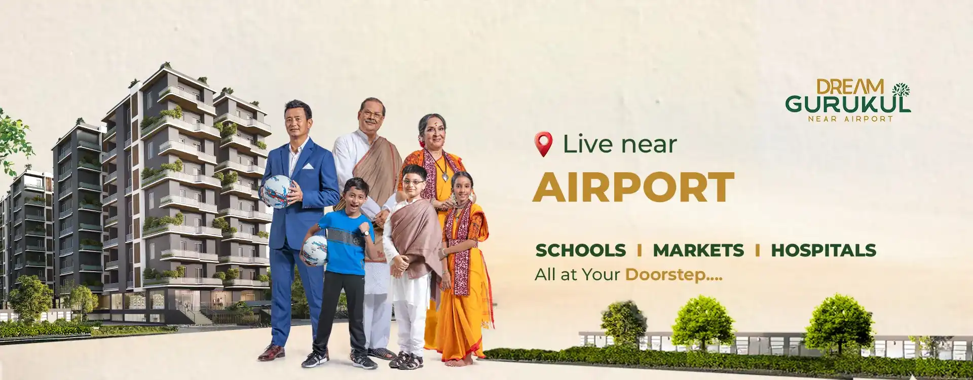 Family with children in front of Dream Gurukul towers near Kolkata Airport – schools, markets and hospitals nearby